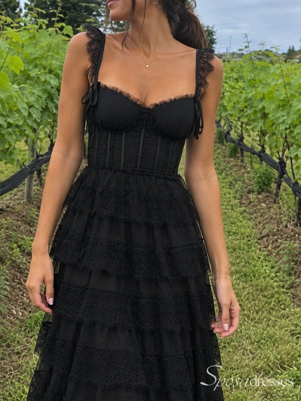 Black Lace Sweetheart Corset Tiered Midi Prom Dress PD26100
