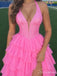 Bright Pink Plunging V-Neck Corset Tiered Prom Dress with Slit PD26101