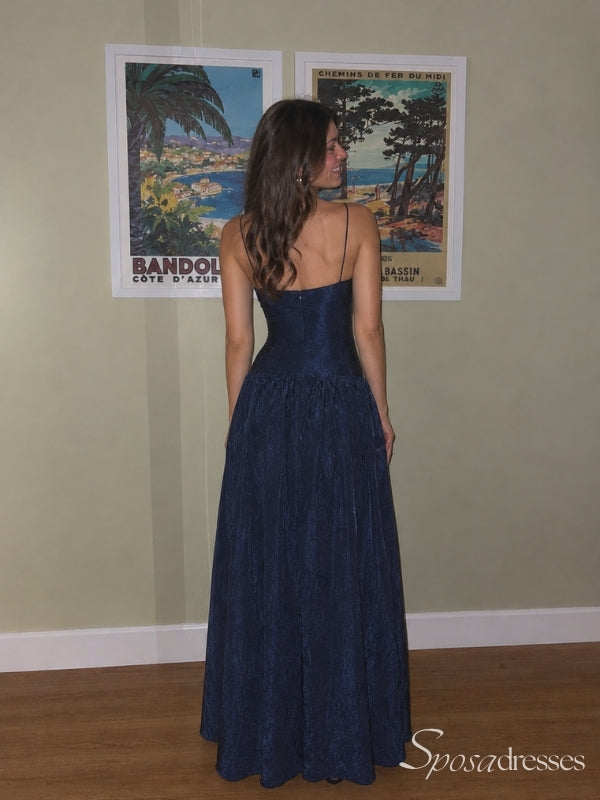 Navy Blue Straight-Neck Spaghetti Strap A-Line Prom Dress PD26103