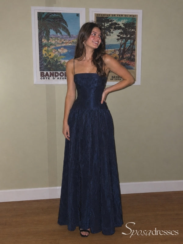 Navy Blue Straight-Neck Spaghetti Strap A-Line Prom Dress PD26103