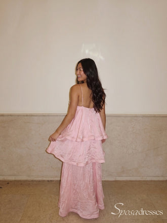 Light Pink Spaghetti Strap Tiered Ruffle Long Prom Dress PD26106