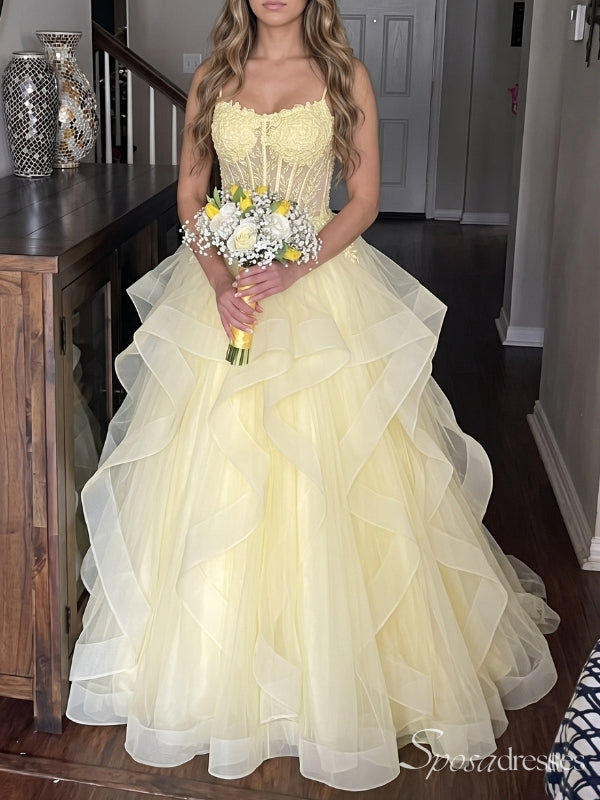 Light Yellow Lace Corset Tiered Ruffle Prom Dress with Lace-Up Back PD26107