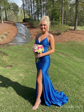 Royal Blue Sparkly V-Neck Prom Dress with Slit and Lace-Up Back PD26110