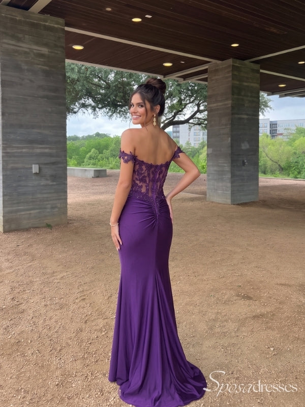 Purple Off-Shoulder Lace Bodice Ruched Long Prom Dress with Train PD26111