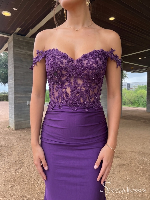 Purple Off-Shoulder Lace Bodice Ruched Long Prom Dress with Train PD26111
