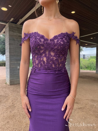 Purple Off-Shoulder Lace Bodice Ruched Long Prom Dress with Train PD26111