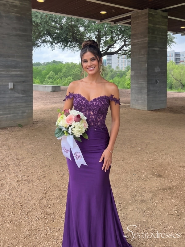 Purple Off-Shoulder Lace Bodice Ruched Long Prom Dress with Train PD26111