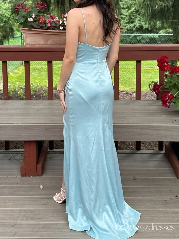 Light Blue Ruched Spaghetti Strap Long Prom Dress with Slit PD26112