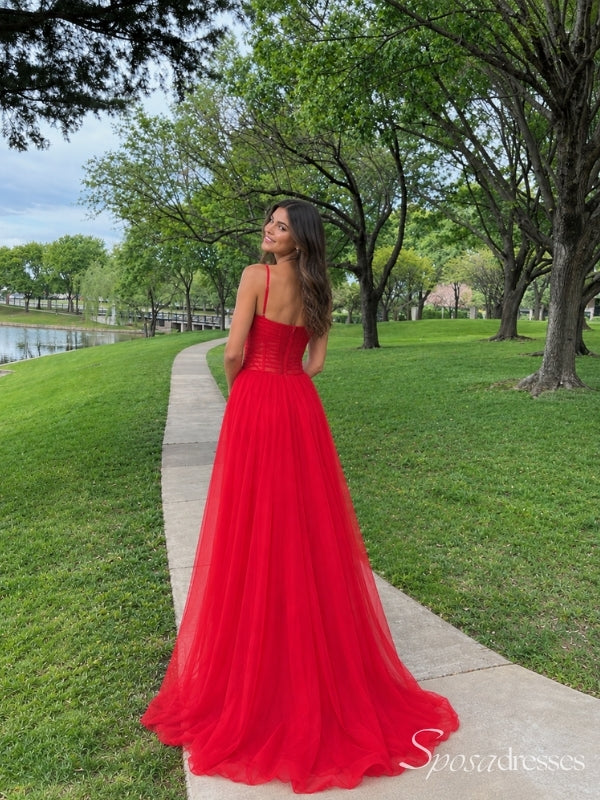 Red Straight-Neck Sheer Corset A-Line Prom Dress with Spaghetti Straps PD26114