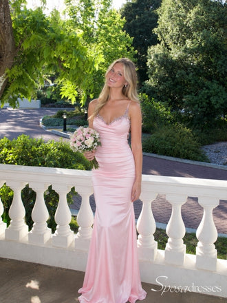 Light Pink Beaded Cowl Neck Fitted Prom Dress with Open Back PD26117