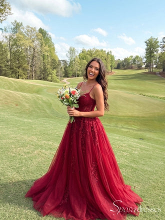 Burgundy Floral Lace A-Line Prom Dress with Spaghetti Straps PD26119