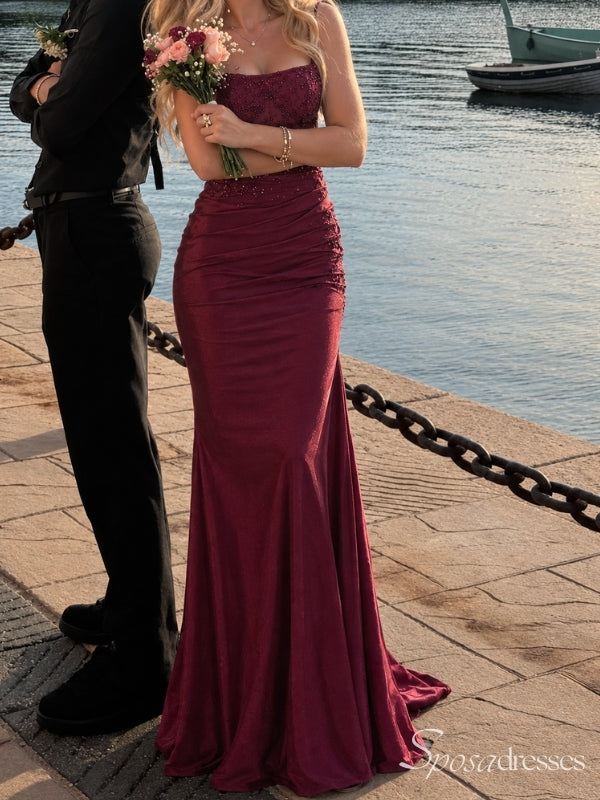 Burgundy Lace Bodice Ruched Mermaid Prom Dress with Lace-Up Back PD26123