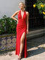 Red Plunging Halter Ruched Prom Dress with Open Back and High Slit PD26125