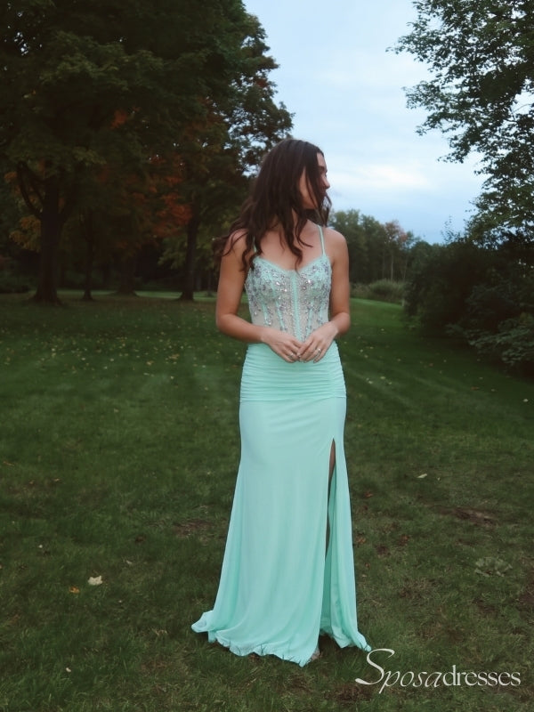 Mint Green Beaded Corset Prom Dress with Spaghetti Straps and Slit PD26126