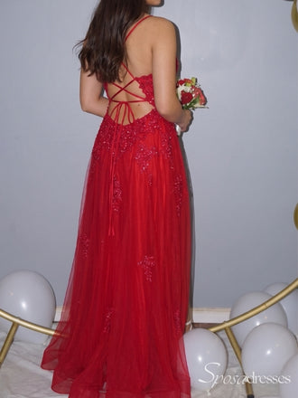 Red Lace A-Line Prom Dress with Plunging V-Neck and Slit PD26127