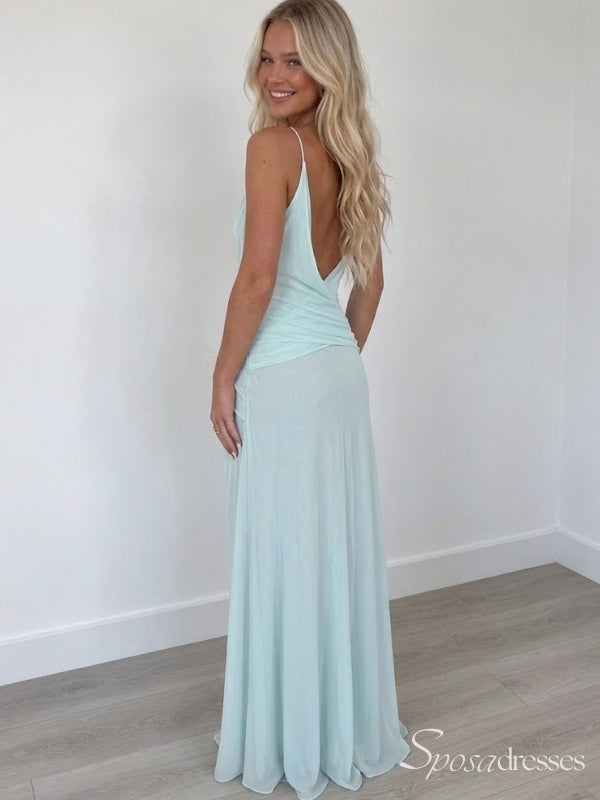 Light Mint Green V-Neck Ruched Prom Dress with Low Back PD26133