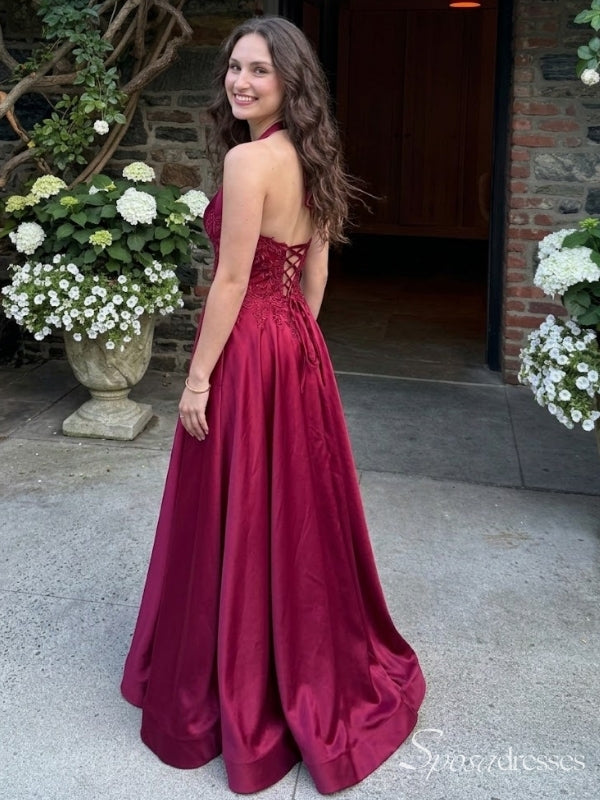 Burgundy Halter Lace Corset A-Line Satin Prom Dress PD26134