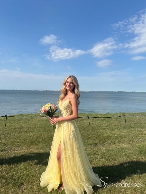 Light Yellow V-Neck Lace Tulle Prom Dress with Slit PD26140