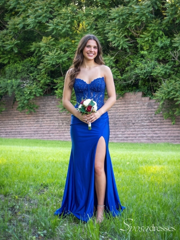 Royal Blue Strapless Beaded Corset Prom Dress with Slit PD26141