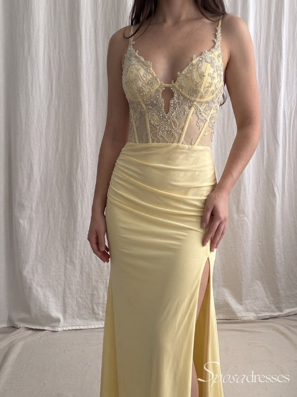 Light Yellow Beaded Corset Prom Dress with Slit PD26142