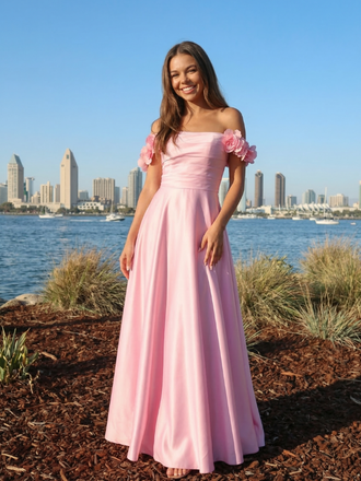 Pink Satin Off Shoulder 3D Floral A Line Prom Dress, 26018