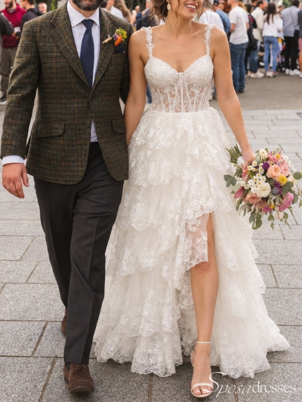 Lace Tiered A-Line Wedding Dress with Slit WD26024