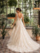 Champagne Lace Applique V Neck Tulle A Line Backless Long Wedding Dress WD26044