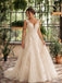 Champagne Lace Applique V Neck Tulle A Line Backless Long Wedding Dress WD26044