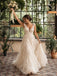 Champagne Lace Applique V Neck Tulle A Line Backless Long Wedding Dress WD26044
