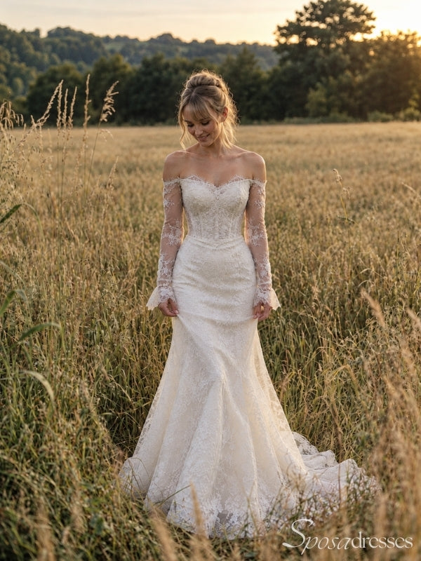 Ivory Lace Off the Shoulder Long Sleeve Mermaid Long Wedding Dress WD26045