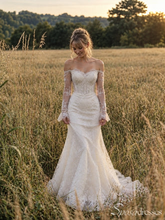 Ivory Lace Off the Shoulder Long Sleeve Mermaid Long Wedding Dress WD26045