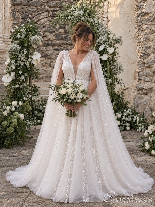 Ivory Sequin Beaded Cape V Neck Tulle A Line Long Wedding Dress WD26046
