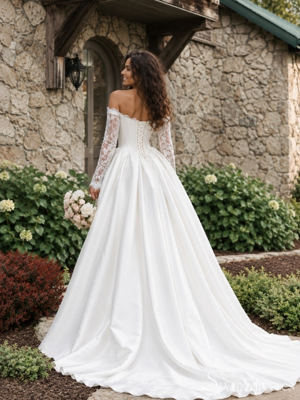 Ivory Satin Lace Off the Shoulder Long Sleeve High Slit Corset Ball Gown Long Wedding Dress WD26047