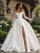 Ivory Satin Lace Off the Shoulder Long Sleeve High Slit Corset Ball Gown Long Wedding Dress WD26047