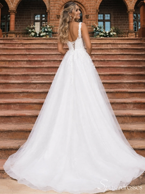 Ivory Lace Square Neck Straps Tulle Ball Gown Long Wedding Dress WD26049