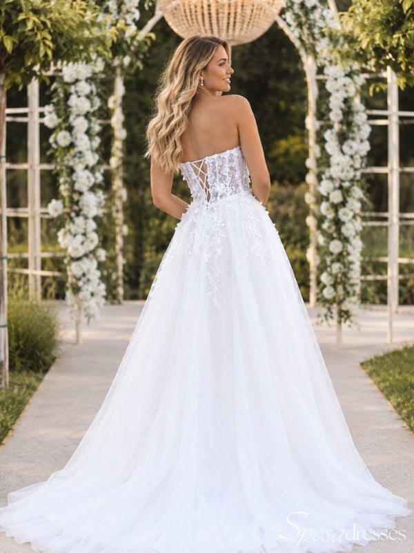 Ivory 3D Floral Applique Strapless Corset Tulle A Line Long Wedding Dress WD26050