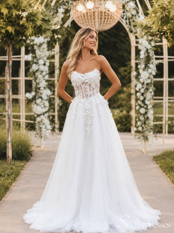 Ivory 3D Floral Applique Strapless Corset Tulle A Line Long Wedding Dress WD26050