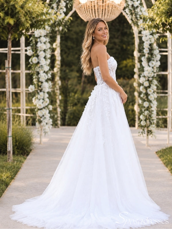 Ivory 3D Floral Applique Strapless Corset Tulle A Line Long Wedding Dress WD26050