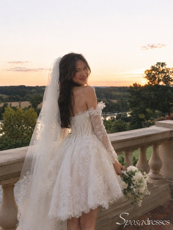 Ivory Off-the-Shoulder Long Sleeve Lace Short Wedding Dress WD26053