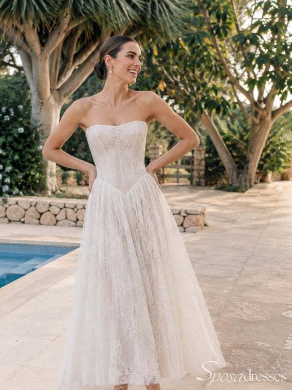 Ivory Strapless Basque Waist Lace A-Line Ankle-Length Wedding Dress WD26054