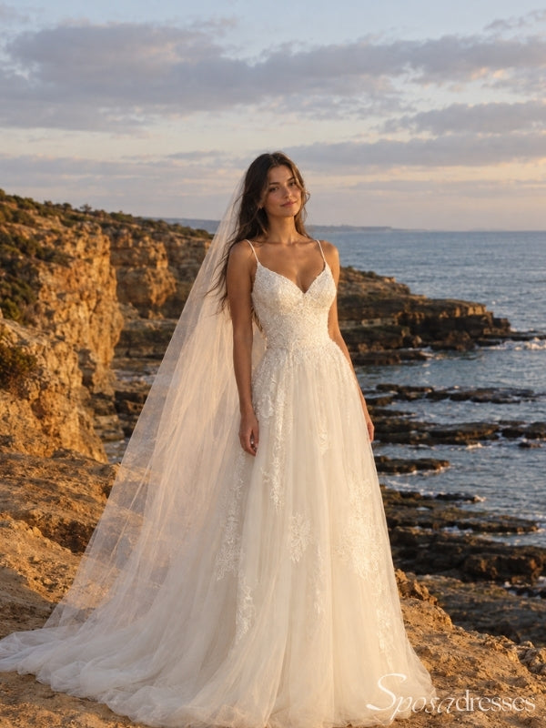 Ivory V-Neck Spaghetti Strap Lace A-Line Wedding Dress with Train WD26061
