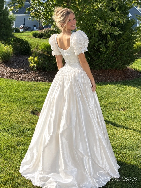 Ivory Puff Sleeve Lace Ball Gown Wedding Dress with Basque Waist WD26064