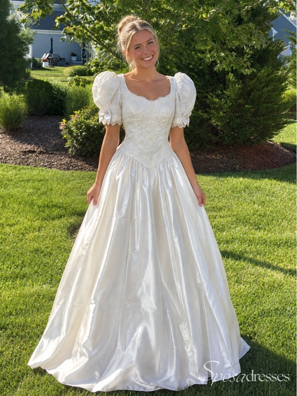 Ivory Puff Sleeve Lace Ball Gown Wedding Dress with Basque Waist WD26064