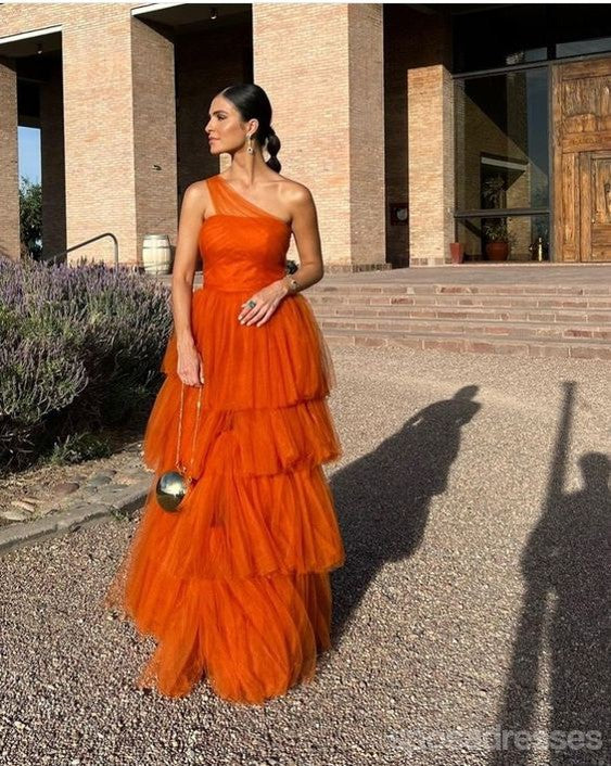 Pretty Orange A-line One Shoulder Maxi Long Party Prom Dresses,Evening Gowns,13588