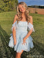 Cute Light Blue A-line Off Shoulder Mini Short Prom Homecoming Dresses,CM982