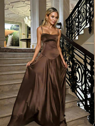 Sexy Brown A-line Spaghetti Straps Long Party Prom Dresses To Impress,Evening Gowns,13922