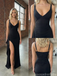 Classic Black Ruched Evening Gown with High Slit - Elegant V-Neck Formal Maxi Dress, 26003