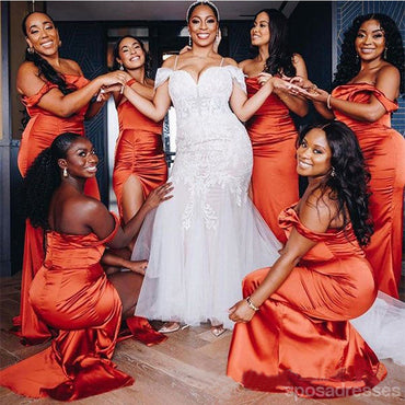 Sexy Burnt Orange Mermaid Off Shoulder Maxi Long Wedding Guest Bridesmaid Dresses,WG1750