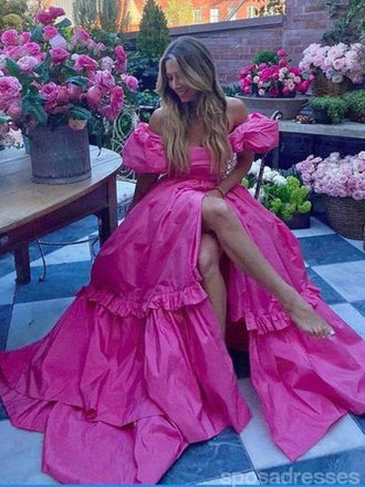 Gorgeous Hot Pink A-line Off Shoulder Long Party Prom Dresses Ideas,Evening Gowns,13899