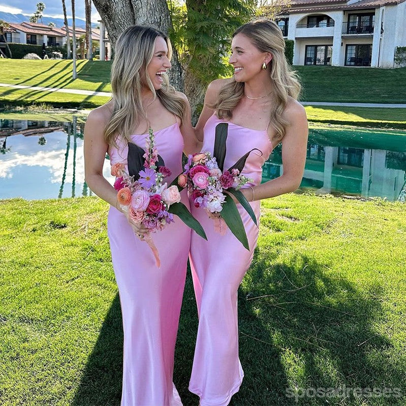 Simple Pink Sheath Spaghetti Straps Maxi Long Bridesmaid Dresses For Wedding Party,WG1845